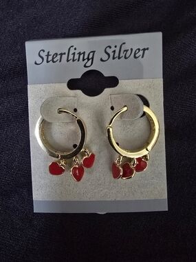 Gold Hoop Earrings with Red Heart Charms - Kids Jewelry